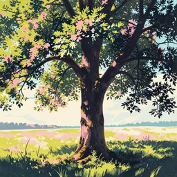 ( ( ( gediminas pranckevicius ) ) ), under bo tree, summer morning, very coherent and colorful high contrast art by james gilleard floralpunk screen printing woodblock, dark shadows, pastel color, hard lighting