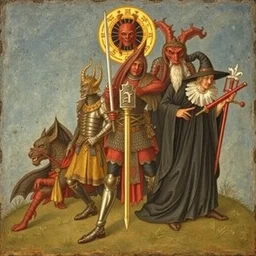 a medieval painting of a samurai, a knight, a demon, and a wizard, made by giotto di bondone