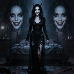 in the style of diego fazio, joshua middleton, gorgeous alyson hannigan, evil dead movie, full body shot, torn black dress, evil smile, spooky, illustration, symmetrical face realistic symmetrical eyes, bedroom setting, charlie bowater, artgerm, cinematic lighting, evil dead, undead demon, hyperdetailed