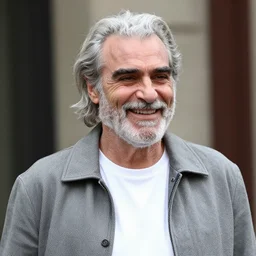 the medium shot of grinning old drunkard ( ( ( ( ( joaquin phoenix ) ) ) ) ) with sideburns worn in old grey jacket and a white shirt, still frame from movie with cinematography of christopher doyle and art direction by hans giger, anamorphic lens, vintage black and white film, optical flares, award winning photo, 8 k