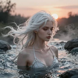portrait of white haired girl bathing in a river, d & d, sexy! sunset behind her head, sunset in the creek, fantasy, windy hair, flowing mist and smoke, intricate, elegant, highly detailed, digital painting, artstation, concept art, smooth, sharp focus, fog, illustration, art by artgerm and greg rutkowski and alphonse mucha
