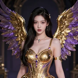 a beautiful elegant young girl in metlic site with gold and purple wings, by wenjun lin, 4 k, extremely coherent, highly detailed, sharp focus, slasher movies