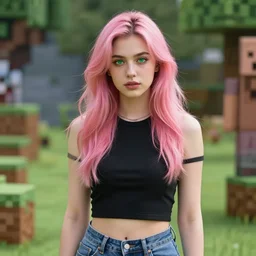 portrait photograph of an extremely beautiful!!!! young female, Moody look on her face, natural light, wearing a crop top and jeans!! Pink hair. Green eyes. in a minecraft world looking at the camera!!. super resolution. Extremely detailed. Graflex camera!, bokeh!!!!! trending on artstation.