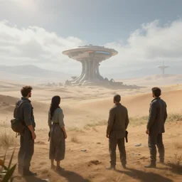 windswept vista overlooking distant futuristic lone outpost. jasmin habezai - fekri, anton fadeev, tony zhou shuo, greg rutkowski, unreal engine 5