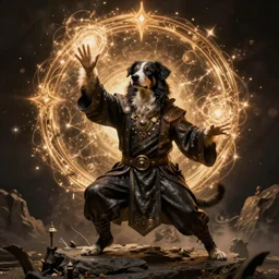 magic dog sorcerer casting a powerful arcane magic spell, fantasy, occult, majestic pose, dramatic lighting, cinematic scene, frank frazetta, visually stunning, trending on artstation
