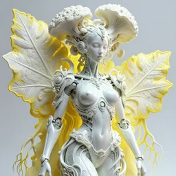 intricate hyper detailed ultra sharp 3 d render of a beautiful smooth porcelain seductive cyborg woman portrait, medium shot portrait, bright light, alexandre ferra mecha, haute couture deeply cyberpunk art nouveau huge white fractal mycelum and fungi head ornaments, big embroidered leaves filigree spreaded roots, yellow infrared, octane render, volumetric cinematic lighting, 8 k, vray tracing