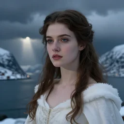 mage, norway fjord, extreme close up portrait, hudson river school, max rive, stormy seas, white royal dress, beautiful, bokeh, gentle, female, snowy, storm clouds, god rays, close up portrait, d & d, fantasy, elegant, low key color palette, concept art, roger deakins and greg rutkowski and alphonse mucha