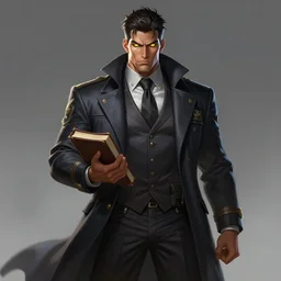 a highly detailed illustration of Daniel Matsunaga as serious detective wearing detective coat, glowing yellow eyes, dramatic standing holding closed book pose, muscular, intricate, elegant, highly detailed, centered, digital painting, artstation, concept art, smooth, sharp focus, league of legends concept art, WLOP
