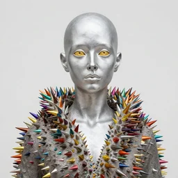 bald silver woman statue, clothed, colorful spikes around, golden eyes wide open, john howe, greg rutkowski