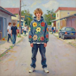 still from music video of hunter schafer from die antwoord standing in a township street, wearing a hoodie and flowers, street clothes, full figure portrait painting by martine johanna, ilya kuvshinov, rossdraws, pastel color palette, detailed impasto brushwork, impressionistic