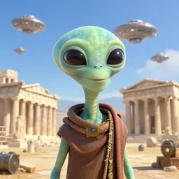Pixar movie still about an alien invasion Ancient Athens, UFOs, portrait, intricate, 8k highly professionally detailed, HDR, CGsociety