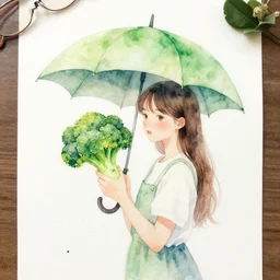 girl holding brocoli umbrella watercolor printing