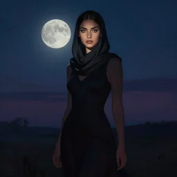 lush celestial twilight portrait in mysterious femininity, ethnic, clear eyes, statuesque, gazelle - like, confident realistic face, radiant skin, dark gown and scarf, svelte fashion design, bathed in moonlight, chiaroscuro, impressionism, silhouette, subtle highlights, deep rich hues, illustration