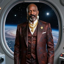 mr. t as president of the galaxy with mohawk and wearing gold jewelry and a fancy retro scifi three - piece suit and feather earrings, patriotic, space background outside spaceship window, professional studio photo, medium shot, hyper realistic