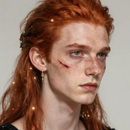 portrait of a thin young man with long red hair, ponytail, a big scars, big gash on face, freckles on his face, an earring, intricate, elegant, glowing lights, highly detailed, digital painting, artstation, concept art, smooth, sharp focus, illustration