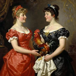 women dressed in pin up style keeps in hands rooster by greg hildebrandt fancy rococo baroque regal oil painting high quality award winning clothed in fancy garb