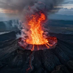 eruption of vulcano, aerial view, dramatic lighting, cinematic