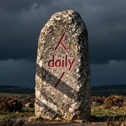 scandinavian rune stone with an inscription that says'/ daily /'in red text