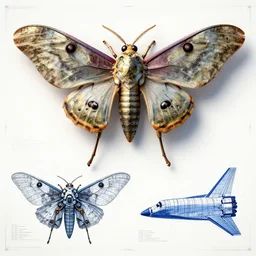 a mechanized atlas moth, orthographic view, top down view, bottom view, side view, blueprints, mecha, jet fighter, space shuttle, robotic, highly detailed, artstation, autodesk maya, super realistic, unreal engine
