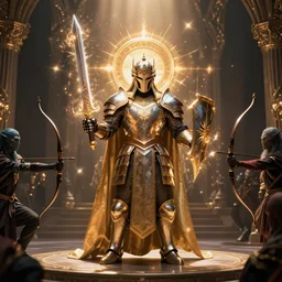 a armored holy paladin casting magic spells sword shield against night elf bowmen lord dramatic lighting cinematic establishing shot extremely high detail foto realistic cinematic lighting post processed