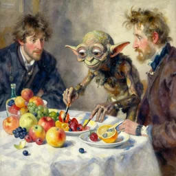 gollum, paint brush strokes, abstract watercolor painting of colorful fruits, table cloth, art by hans dahl, by jesper ejsing, art by anders zorn, wonderful masterpiece by greg rutkowski, cinematic light, american romanticism by greg manchess, creation by tyler edlin