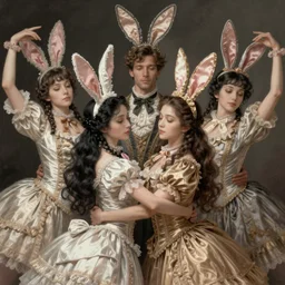 victorian dancers with bunny ears and silk cloth and long hair, magnificent, close up, details, sharp focus, elegant, highly detailed, illustration, by Jordan Grimmer and greg rutkowski and PiNe(パイネ) and 薯子Imoko and 香川悠作 and wlop and maya takamura, intricate, beautiful, Trending artstation, pixiv, digital Art
