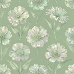 sage green pastel colors girly flowers intricate pattern realistic volumetric holographic foil textures subtle glitch effect dutch golden age painting