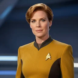 Melissa Rauch as captain Kathryn Janeway of star trek Voyager