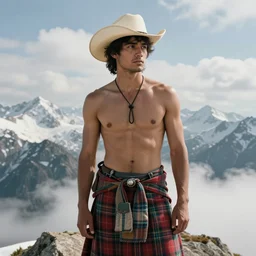 a homoerotic portrait by greg rutkowski and albert bierstadt and bill ward of a shirtless desi hiker on a mountain peak | he is wearing a cowboy hat and a revealing tartan kilt | background is snowy mountains and clouds | detailed face, ethereal, dreamlike | trending on artstation