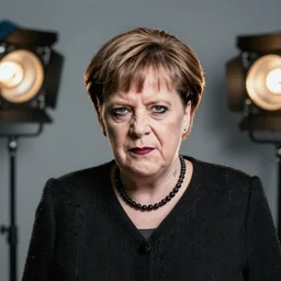 Medium shot portrait of goth Angela Merkel with makeup, facial tattoos, piercings and a mohawk, sneering at the camera, studio lighting, F 1.8, Kodachrome