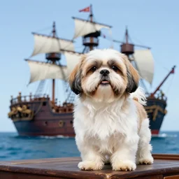 low angle photo of a shih tzu on a pirate ship out at sea