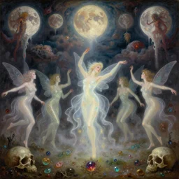 concept art of translucent glowing curvy fairies dancing, lovecraftian, renaissance, melting, round moons, rich clouds, fighting the horrors of the unknown, very detailed, volumetric light, mist, fine art, decaying, textured oil over canvas, epic fantasy art, very colorful, ornate intricate scales, floor of skulls, fractal gems