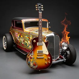 gibson es - 3 3 5 guitar made from a 5 7 chevy chrome grill and headlights, music, cables, sound, fire, new art nouveau, mucha, loish beeple, by thomas kinkade, rat fink, hot rod, moebius,