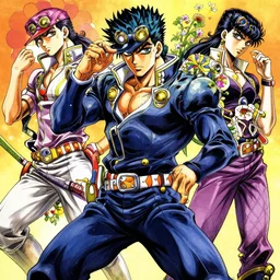 ancient japanese ninja, ninja garbs, ninja artwork, wearing wild flowers, illustrated by horohiko araki, by takashi murakami, by miho hirano, jojos bizzare adventure artwork, anime cover art, dramatic poses, jojo poses, horohiko araki illustration
