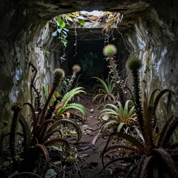 Abandoned overgrown underground bunker with mutated carnivorous plants, 85mm f/1.4