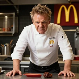 gordon ramsay working at mcdonalds, angry, photograph