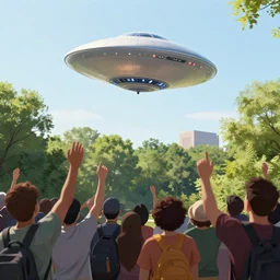 a crowd of people watching and waving to a departing ufo in Central Park