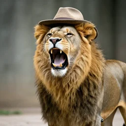 lion roaring at the zoo wearing a hat