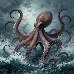 giant octopus monster with long tentacles wildly thrashing around in the waves of a stormy ocean, nightmares by jmw turner