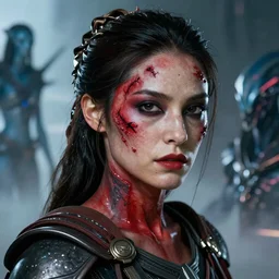hyper - realistic photo portrait of a woman englishwoman warrior of the future, face in red paint, face in scars, the atmosphere from the movies : avatar, space odyssey, alien cinematic,