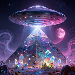 mysterious ufo hovers over mythical crystal pyramid, fractal waves, pink ringed moon, bright neon colors, highly detailed, cinematic, eyvind earle, tim white, philippe druillet, roger dean, ernst haeckel, lisa frank, aubrey beardsley