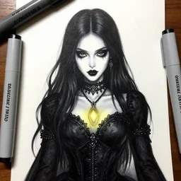 copic marker art of elegant gothic girl with glowing pendant, digitally coloured, by caestrad, collin estrada, deep blacks, high contrast, artatation, instagram, highly detailed, confident, textured
