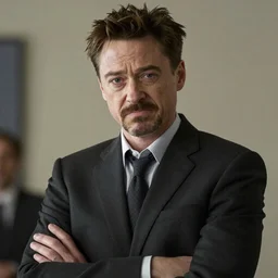 Robert Downey Jr. with a very tired and tired face rolls his eyes, in a business black suit crossed his arms, stands indoors, the background is blurred, focus in the foreground, realism, details,