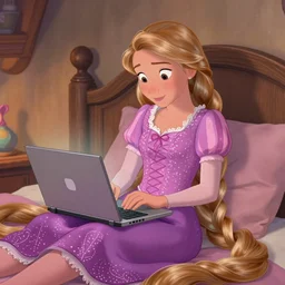 a screenshot from Disney's Tangled of Rapunzel from Disney's Tangled playing with a laptop while sitting on a bed. She has on a purple dress with white accents and her hair is down.