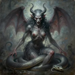 a horrific evil demon and a serpent, ethereal, painting by karol bak