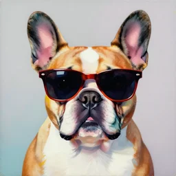an andy warhol style painting of a french bulldog wearing sunglasses