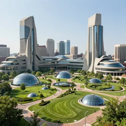 futuristic baltimore maryland, large concrete buidlings, green parks, glass domes, hyperdetailed, artstation, cgsociety, 8 k
