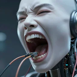 a highly detailed close up of a screaming cyberpunk, with electrical wires and computer cables coming from his head, by jeremy mann, francis bacon and agnes cecile, and dave mckean ink drips, paint smears, digital glitches glitchart