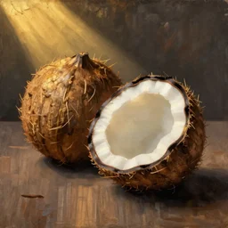still life painting of halved coconuts by pieter claesz, oil on canvas, strong lighting, highly detailed, hyper realism, golden hour, god rays, hd, 4 k