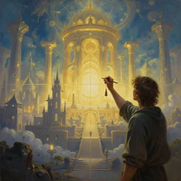 an epic painting of an artist, holding tassel and drawing outlines of the new brighter and better world, right - side view, fantasy background, mystic, mysterious, oil on canvas, symmetric, perfect composition, golden ratio, concept art, smooth, sharp focus, illustration, artstation trending, unreal engine, hd, 8 k, highly detailed